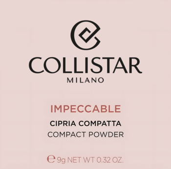 Front opakowania matującego pudru Collistar Impeccabile Compact Powder, różowe tło z czarnym i czerwonym tekstem.