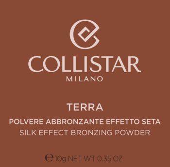 Collistar Terra Silk Effect Bronzing Powder, brązowy kompakt z białym logo i tekstem, widok z przodu.