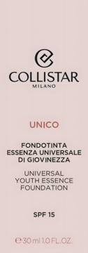 Jasnoróżowy podkład Collistar Unico Universal Youth Essence Foundation SPF 15, widok z przodu kartonowego opakowania.