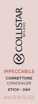 Collistar Milano Impeccabile Correttore Concealer Stick 24H, 4ml, front opakowania na różowym tle.