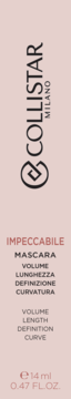 Różowe opakowanie tuszu Collistar Impeccabile Mascara. Widoczne pionowe logo i cechy: volume, length, definition, curve.