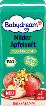Zielony karton soku Babydream Milder Apfelsaft, 100% owoców, BIO, od 1 roku, bez cukru, z tygrysem.