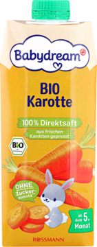 Pomarańczowy karton Babydream BIO sok marchewkowy 100% direct, z królikiem i marchwią, bez cukru, dla dzieci od 5. miesiąca.