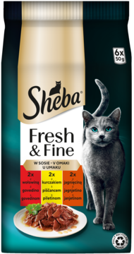 Sheba Fresh & Fine, mokra karma dla kota w saszetkach 6x50g, 3 smaki w sosie, szare opakowanie, front.