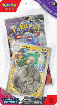 Zestaw Pokémon TCG Scarlet & Violet Temporal Forces: booster, karta Bellibolt, srebrna moneta.