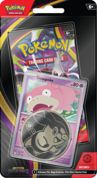 Zestaw Pokémon TCG Mega Evolution Pitch Black: booster, różowa karta Slowpoke i czarna moneta, widok z przodu.