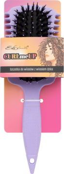 Fioletowa szczotka CURLmeUP Ewy Schmitt do włosów kręconych z włosiem dzika, widok z przodu w opakowaniu.