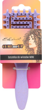 Fioletowa, mini szczotka Ewa Schmitt Curl Me Up do włosów kręconych, z widocznymi ząbkami, częściowo w opakowaniu.