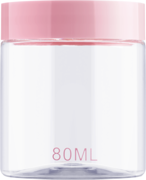 Przezroczysty pojemnik podróżny na krem 80 ml z różową pokrywką, z przodu napis 80ML.