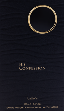 Lattafa His Confession męska woda perfumowana, czarne opakowanie z delikatną falistą teksturą i złotym okręgiem.
