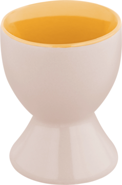 Biały kieliszek do jajek o smukłej formie z intensywnym pomarańczowym wnętrzem, widok z przodu, lekko z dołu.