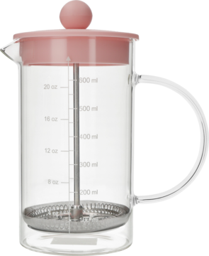 Szklany zaparzacz French Press z różową pokrywką, miarką, widok z boku. Idealny do kawy lub herbaty.