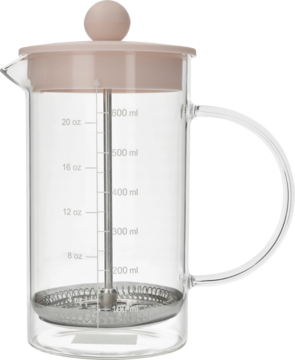 Szklany dwuścienny zaparzacz tłokowy French Press z jasnoróżową pokrywką i miarką pojemności. Widok z przodu.