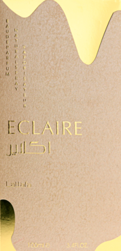 Złote perfumy Lattafa Eclaire EDP 100ml, pudełko w beżowym kolorze z eleganckimi złotymi napisami, widok z przodu.