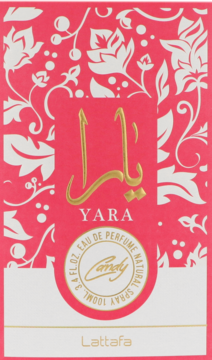 Różowe pudełko perfum Lattafa Yara Candy EDP z białymi kwiatami i złotym napisem Yara, widok z przodu.