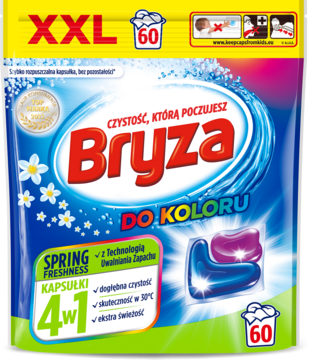 Niebieskie opakowanie kapsułek Bryza 4w1 Do Koloru Spring Freshness XXL 60 szt. z widocznymi kapsułkami, widok z przodu.