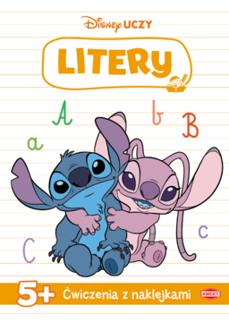 Okładka książki Disney Uczy Litery dla 5-latków. Widoczni Stitch i Angel, alfabet, ćwiczenia z naklejkami.