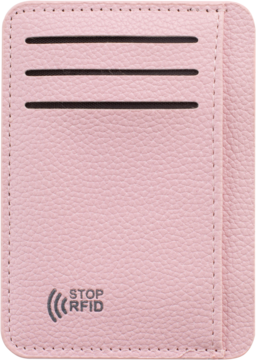 Jasnoróżowe etui ochronne RFID na karty płatnicze, z trzema slotami i napisem STOP RFID, widok z przodu.