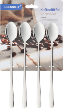 IDEENWELT zestaw 4 długich łyżeczek do kawy ze stali nierdzewnej, srebrne, w opakowaniu z ziarnami kawy.