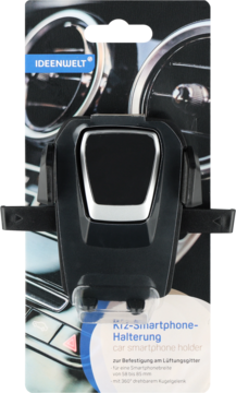 Czarny uchwyt samochodowy na smartfona Ideenwelt do kratki wentylacyjnej, srebrne akcenty, widok z przodu na opakowaniu.
