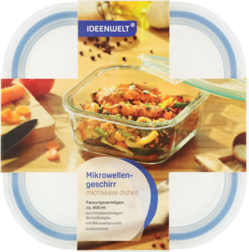 Opakowanie IDEENWELT: szklane naczynie obiadowe do mikrofali, 800ml, z daniem na drewnianym tle. Widoczna marka.
