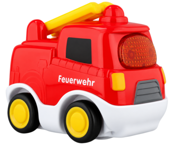 Samochód mini: Straż pożarna. Czerwony samochodzik zabawka z żółtą drabiną i napisem 'Feuerwehr', widok z przodu.