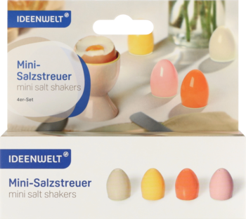 Opakowanie IDEENWELT Mini-Salzstreuer/mini salt shakers: kolorowe solniczki jajka, z jajkiem w kieliszku.