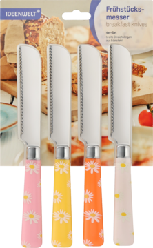 Zestaw czterech noży śniadaniowych Ideenwelt z kwiatowym wzorem stokrotek na pastelowych uchwytach, widok z przodu.
