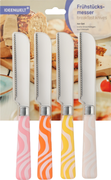 Zestaw 4 noży śniadaniowych Ideenwelt z ząbkowanymi ostrzami, kolorowe uchwyty w faliste wzory, w opakowaniu.