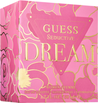 Różowe pudełko Guess Seductive Dream Eau de Toilette 50ml z kwiatowym wzorem, widok z przodu.