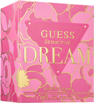 Różowe pudełko Guess Seductive Dreams EDT dla kobiet, z kwiatowym wzorem i złotym napisem, widok pod kątem.