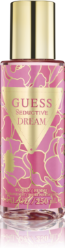 Mgiełka Guess Seductive Dream 250ml, różowa butelka ze złotym trójkątnym logo i wzorem kwiatowym, widok z przodu.