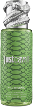 Just Cavalli Wild Orchard Hair & Body Mist w zielonej butelce z wężową fakturą i srebrnym korkiem w kształcie węża.