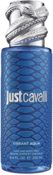 Niebieska butelka Just Cavalli Vibrant Aqua mgiełki do ciała, wężowa tekstura, srebrny korek, widok z przodu.