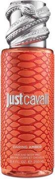 Just Cavalli Daring Amber mgiełka do ciała i włosów, pomarańczowa butelka z fakturą wężowej skóry, srebrna nakrętka.