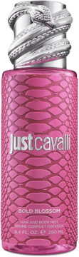Mgiełka Just Cavalli Bold Blossom. Różowy flakon ze wzorem wężowej skóry, srebrna nakrętka, widok z przodu.
