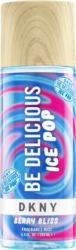 DKNY Be Delicious Ice Pop Berry Bliss mgiełka do ciała. Butelka z różowo-niebieskim wirującym wzorem, drewniana nakrętka.