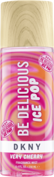 DKNY Be Delicious Ice Pop Very Cherry 250ml, mgiełka w butelce z drewnianą nakrętką i różowo-pomarańczową etykietą.