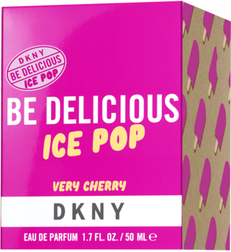 Różowe pudełko DKNY Be Delicious Ice Pop Very Cherry woda perfumowana 50ml, z boku wzór lodowych lizaków.