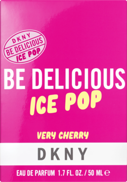 Intensywnie różowe pudełko perfum DKNY Be Delicious Ice Pop Very Cherry, front, białe i żółte napisy.