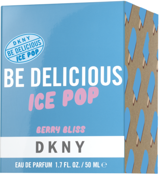 Błękitna woda perfumowana DKNY Be Delicious Ice Pop Berry Bliss 50ml, widok przodu i boku z wzorem niebieskich lodów.