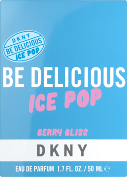 Opakowanie DKNY Be Delicious Ice Pop Berry Bliss woda perfumowana 50ml, błękitno-białe z różowym napisem ICE POP.