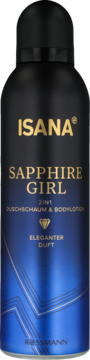 Isana Sapphire Girl 2w1 pianka i balsam do ciała, czarna butelka z niebieskim gradientem, elegancki zapach, widok z przodu.