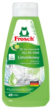 Frosch All-in-One Limonkowy żel do zmywarek w zielonej butelce, widok z przodu, z etykietą 40 cykli.