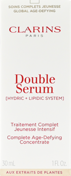 Clarins Double Serum, global age-defying concentrate w białym opakowaniu z czerwonym napisem, widok z przodu.