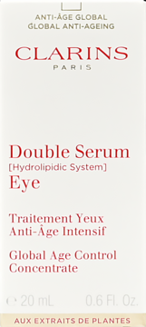 Białe opakowanie Clarins Double Serum Eye 20ml, globalne serum przeciwstarzeniowe z hydrolipidowym systemem.