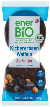 Front opakowania enerBiO Kichererbsen Waffeln Zartbitter 100g, niebiesko-białe, z wegańskimi, bezglutenowymi waflami w ciemnej czekoladzie.