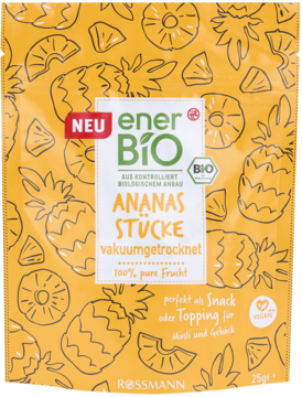 enerBiO BIO Ananas suszony próżniowo w żółtej torebce z grafikami ananasa. Idealny jako wegańska przekąska.