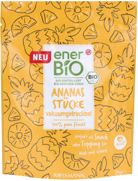 enerBiO BIO Ananas suszony próżniowo w żółtej torebce z grafikami ananasa. Idealny jako wegańska przekąska.