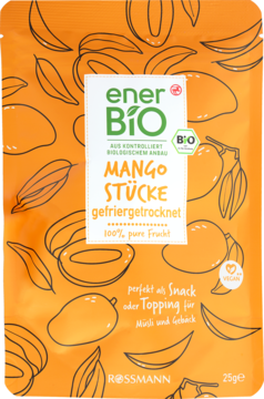 enerBiO liofilizowane kawałki mango BIO 25g, pomarańczowa torebka z owocami i białym logo, widok z przodu.
